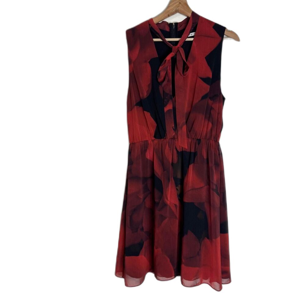 Alice + Olivia Dress Womens Medium Red Black Sleeveless Floral Tie Neck Chiffon‎